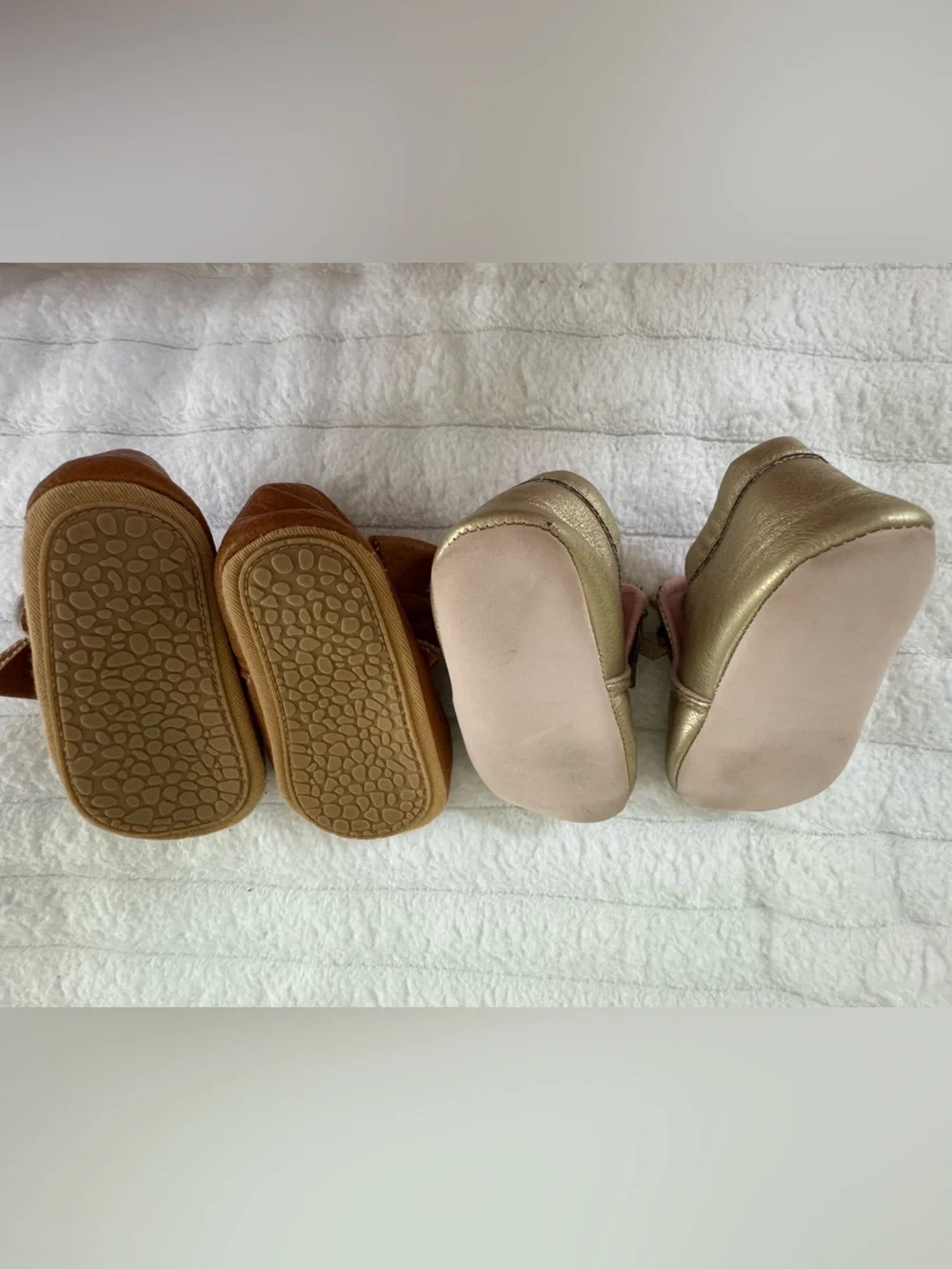 Bundle of baby moccasins, Gold and Brown leather Baby Shoes